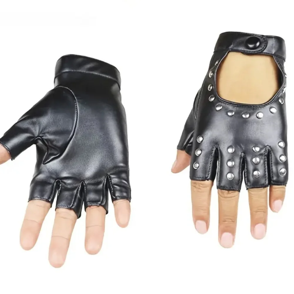 Black Faux Leather Studded Fingerless Gloves W/Snap Button Wrist Closure (OS)